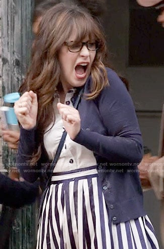 Jess's shirtdress with striped skirt on New Girl