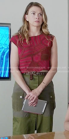 Liza's red patchwork crop top and green skirt on Younger