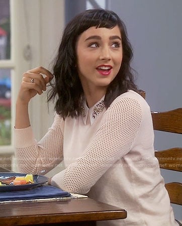 Mandy's pink sweater with embellished collar on Last Man Standing