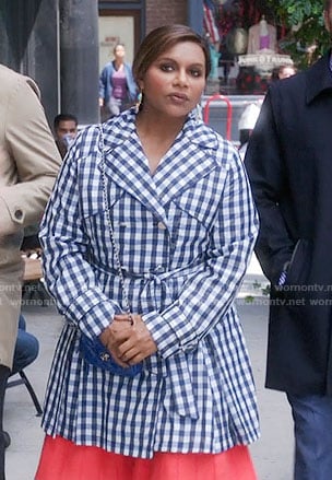 Mindy's blue gingham checked trench coat on The Mindy Project