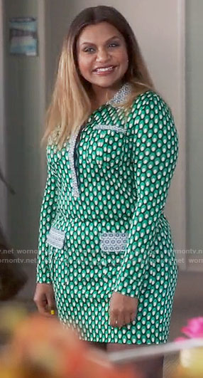 Mindy's green geometric patterned long sleeve dress on The Mindy Project