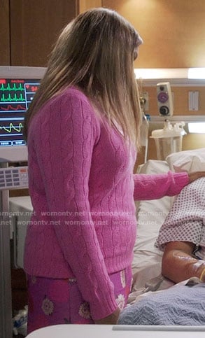 Mindy's pink cable knit sweater and floral skirt on The Mindy Project