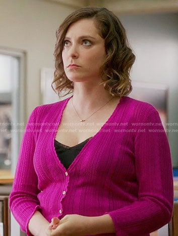 Rebecca's pink pointelle cardigan on Crazy Ex-Girlfriend