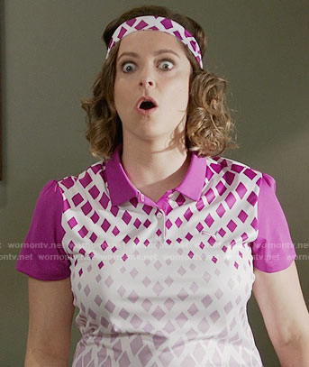 Rebecca's purple diamond print polo shirt on Crazy Ex-Girlfriend