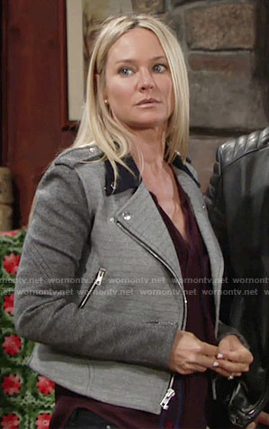Sharon's grey colorblock moto jacket on The Young and the Restless