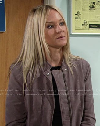 Sharon's mauve suede jacket on The Young and the Restless