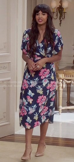 Tahani's navy and pink floral wrap dress on The Good Place