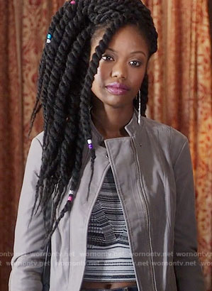 Tamra's grey leather jacket on The Mindy Project
