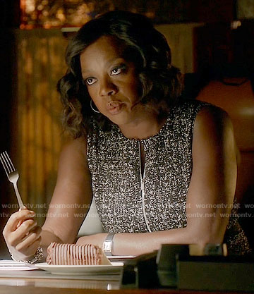 Annalise's black and white tweed zip front dress on How to Get Away with Murder