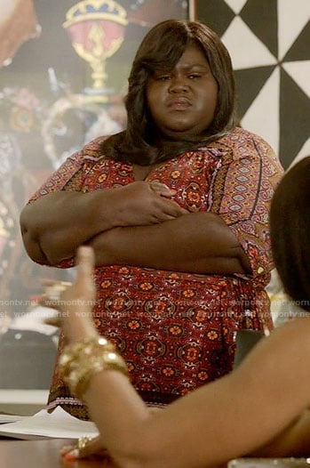 Becky's red printed wrap dress on Empire