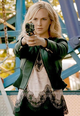 Caroline's blush pink top with black lace and leather jacket on The Vampire Diaries