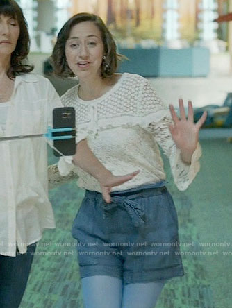 Carol's white lace ruffled top and chambray shorts on Last Man on Earth