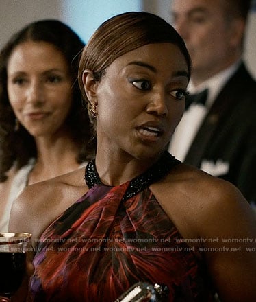 Daisy's purple and red floral halter gown on Madam Secretary