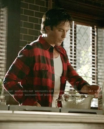 Damon's red buffalo check shirt on The Vampire Diaries