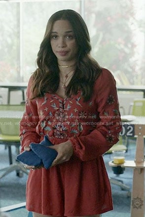 Erica's red embroidered romper on Last Man on Earth