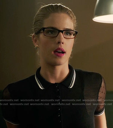 Felicity's black polo top with sheer sleeves on Arrow