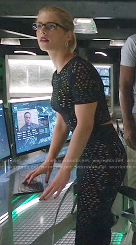 Felicity's black eyelet crop top and skirt on Arrow