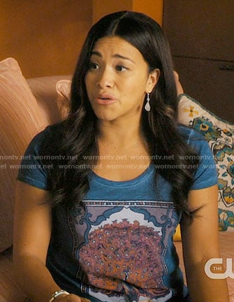 Jane's blue peacock graphic tee on Jane the Virgin