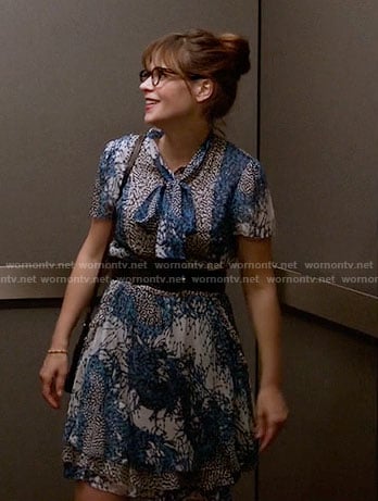 Jess's blue printed tie neck dress on New Girl