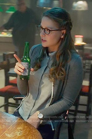 Kara's grey cardigan with white trim on Supergirl