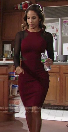 Lily's burgundy dress with black sleeves and insets on The Young and the Restless