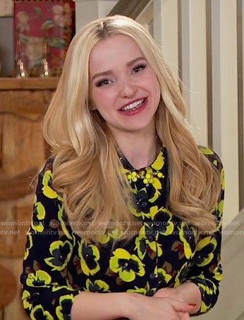 Liv's black and yellow floral button front top on Liv and Maddie