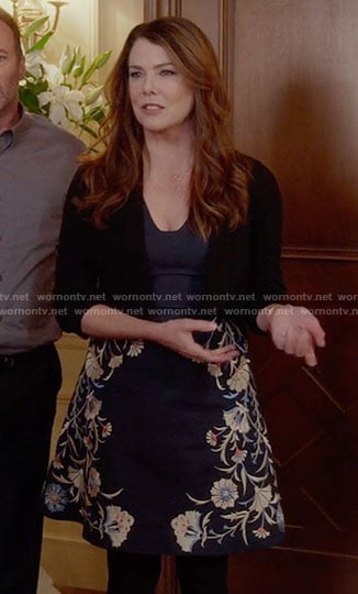 Lorelai's navy embroidered a-line dress on Gilmore Girls: A Year in the Life