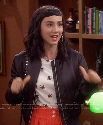 Mandy's bird print top and black bomber jacket on Last Man Standing