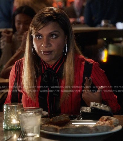 Mindy's red and black striped shirt with bow neck on The Mindy Project