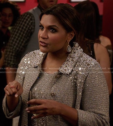 Mindy's taupe embellished dress and coat on The Mindy Project