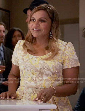 Mindy's yellow floral jacquard dress on The Mindy Project