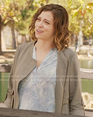 Rebecca's light blue textured print top on Crazy Ex-Girlfriend