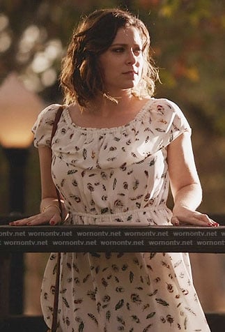 Rebecca's white feather print dress on Crazy Ex-Girlfriend