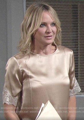 Sharon's champagne top with white lace trim on The Young and the Restless
