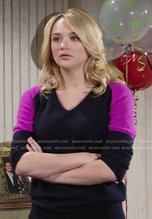 Summer's navy and pink colorblock sweater on The Young and the Restless