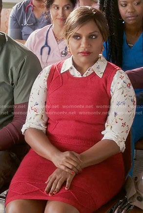 Mindy's white floral shirt and red knitted vest and skirt on The Mindy Project