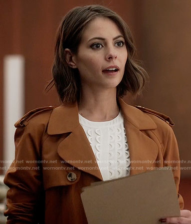 Thea's white scalloped top and tan trench coat on The Flash