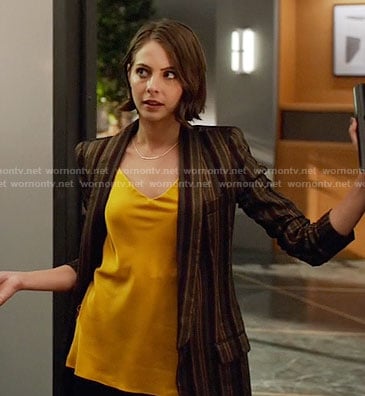 Thea's yellow top and striped blazer on Arrow