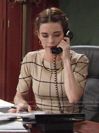 Victoria's beige windowpane checked dress on The Young and the Restless