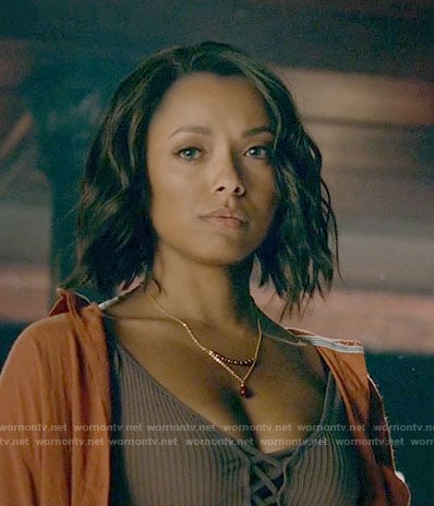 Bonnie's gold and red bead necklace on The Vampire Diaries