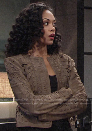 Hilary's suede textured jacket on The Young and the Restless