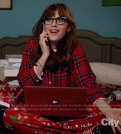Jess's red Christmas print pajamas and plaid night shirt on New Girl