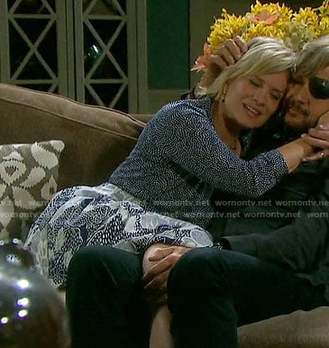 Kayla's blue mixed print wrap dress on Days of our Lives