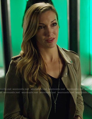 Laurel's suede moto jacket on Arrow