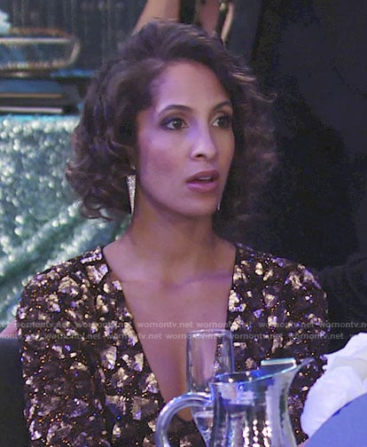 Lily's bronze embellished v-neck dress on The Young and the Restless
