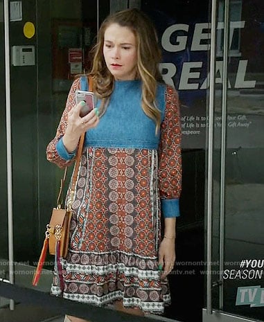 Liza's denim and print patchwork dress on Younger