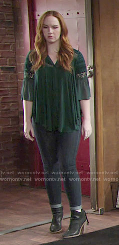 Mariah's green lace top and ankle booties on The Young and the Restless