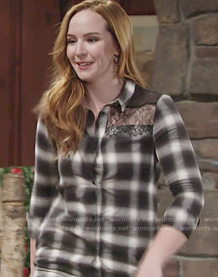 Mariah's plaid button front dress with lace on The Young and the Restless