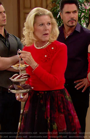 Pam's black and red floral skirt and flower applique sweater on The Bold and the Beautiful