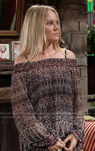 Sharon's printed off-shoulder top on The Young and the Restless